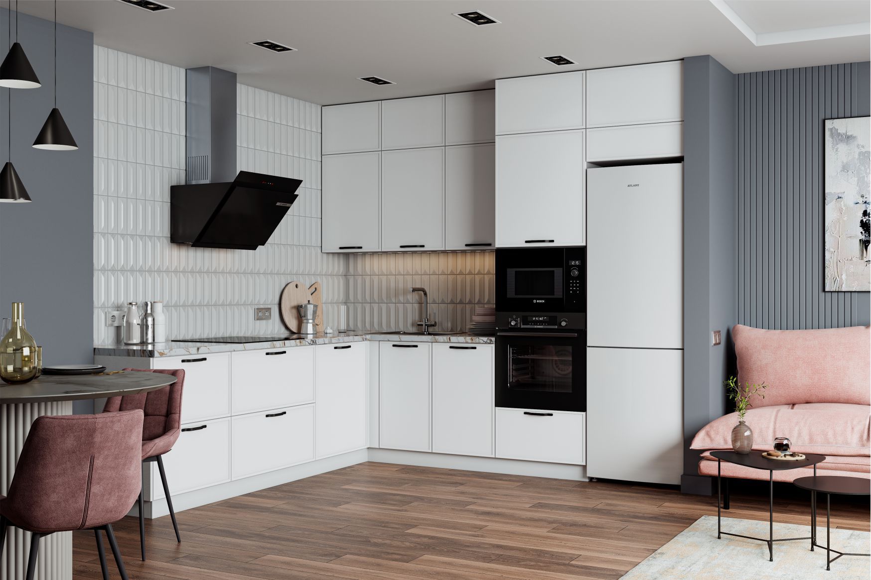 Белые угловые встраиваемые кухни